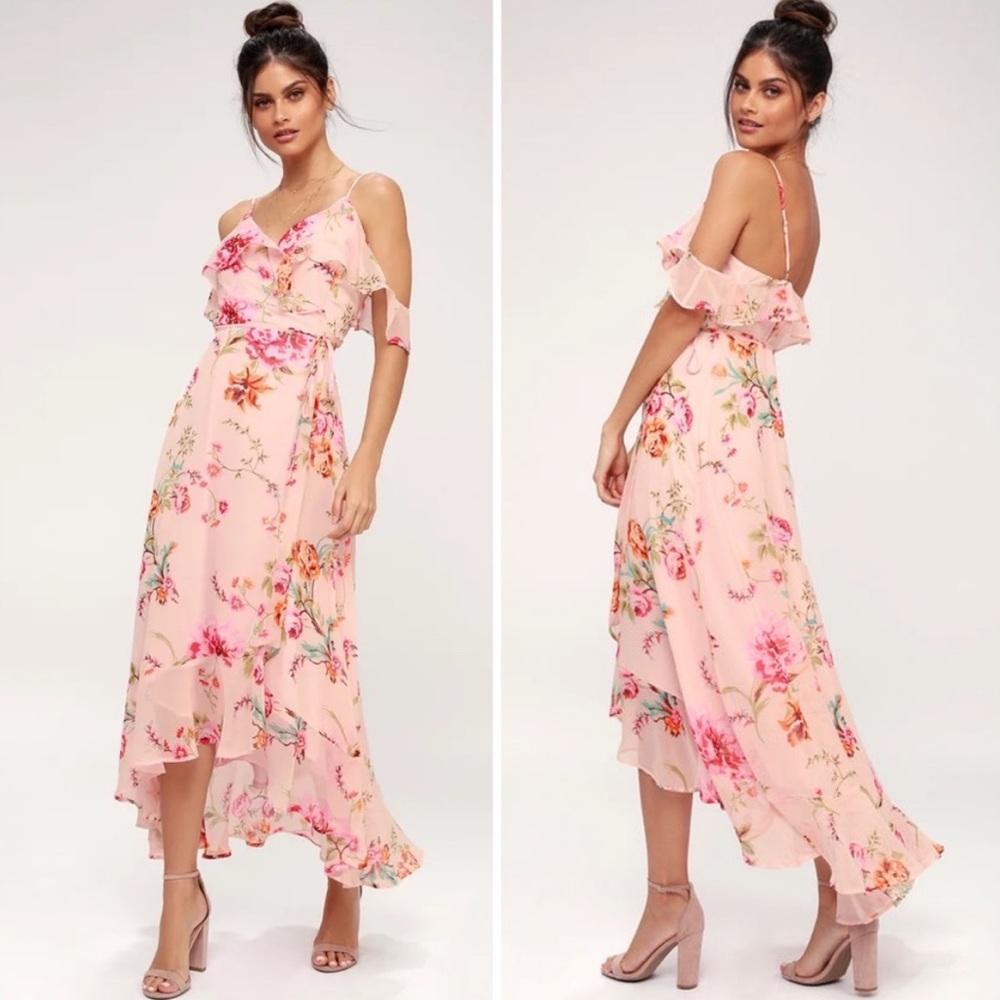 Lulus pink floral high low maxi wrap dress